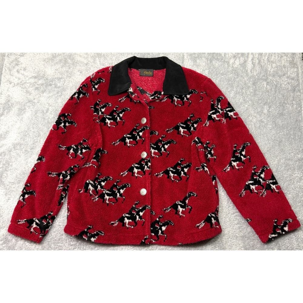 Vintage David Paul Horse Fleece Jacket Womens L Red Concho Buttons Western